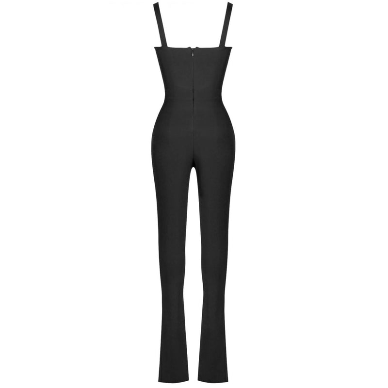 Sleeveless Notch Front Bodycon Bandage Jumpsuit - Black