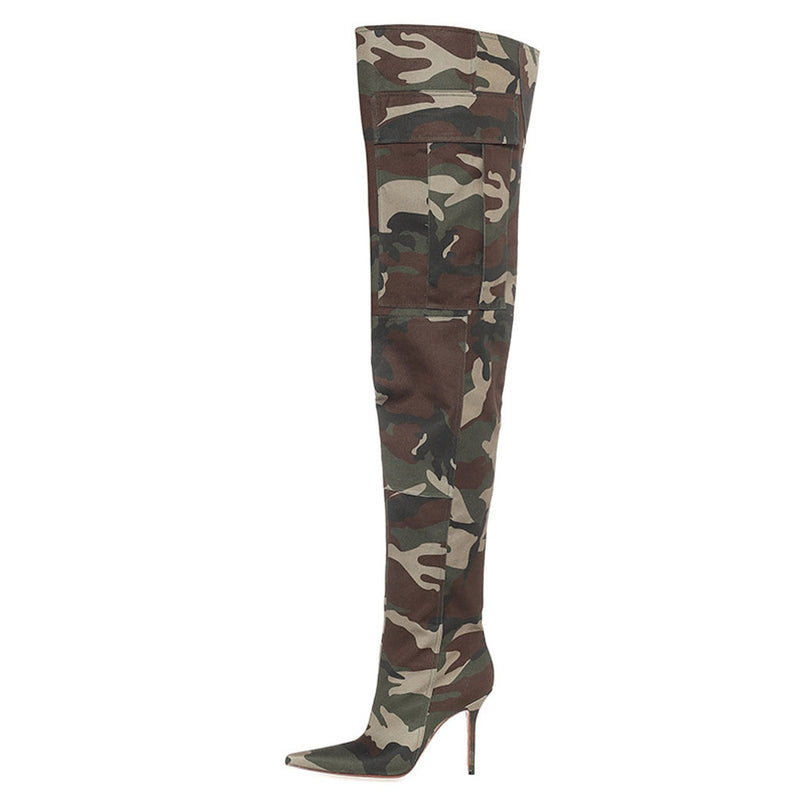 Slouchy Camo Print Over Knee Pointed Toe Stiletto Boots - Military Green