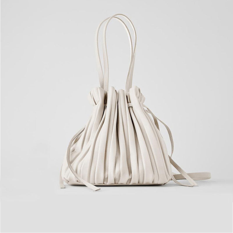 Slouchy Drawstring Gathered Pleated Bucket Bag - Apricot