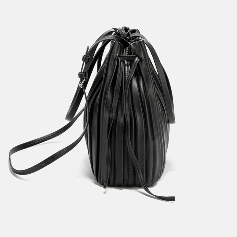 Slouchy Drawstring Gathered Pleated Bucket Bag - Black