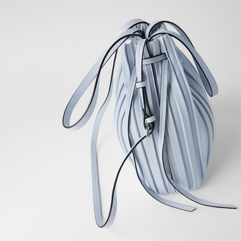 Slouchy Drawstring Gathered Pleated Bucket Bag - Light Blue