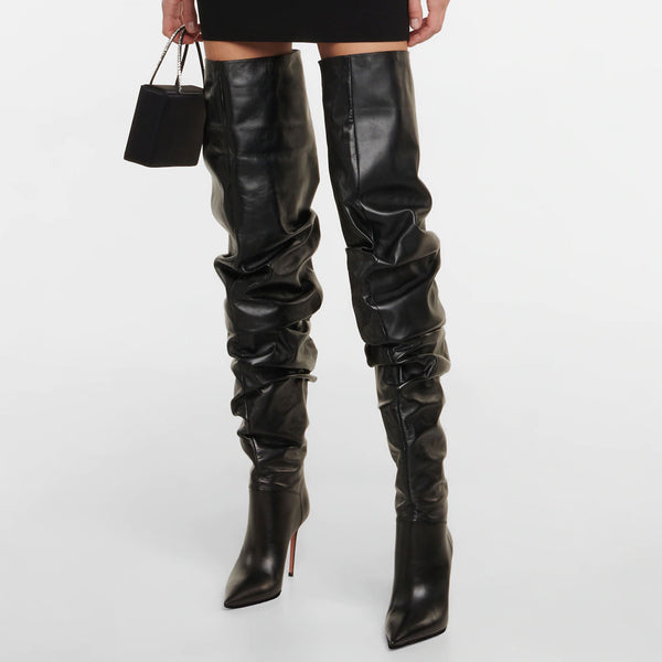 Slouchy Faux Leather Over Knee Pointed Toe Stiletto Boots - Black