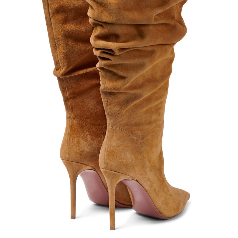 Slouchy Pointed Toe Over Knee Stiletto Suede Boots - Camel