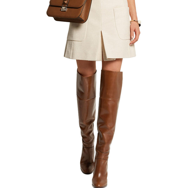 Slouchy Round Toe Block Heel Faux Leather Over Knee Boots - Brown