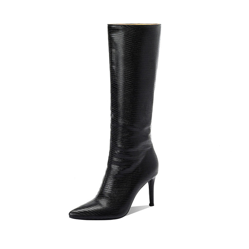 Snake Effect Leather Pointed Toe Knee High Stiletto Boots - Black