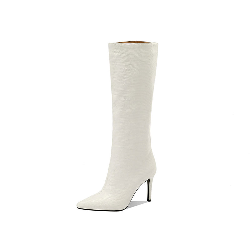 Snake Effect Leather Pointed Toe Knee High Stiletto Boots - Off White