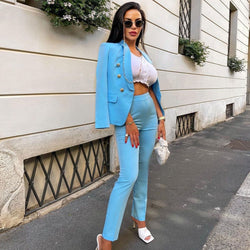 Solid Elastic Waist Double Breasted Blazer Matching Set - Light Blue