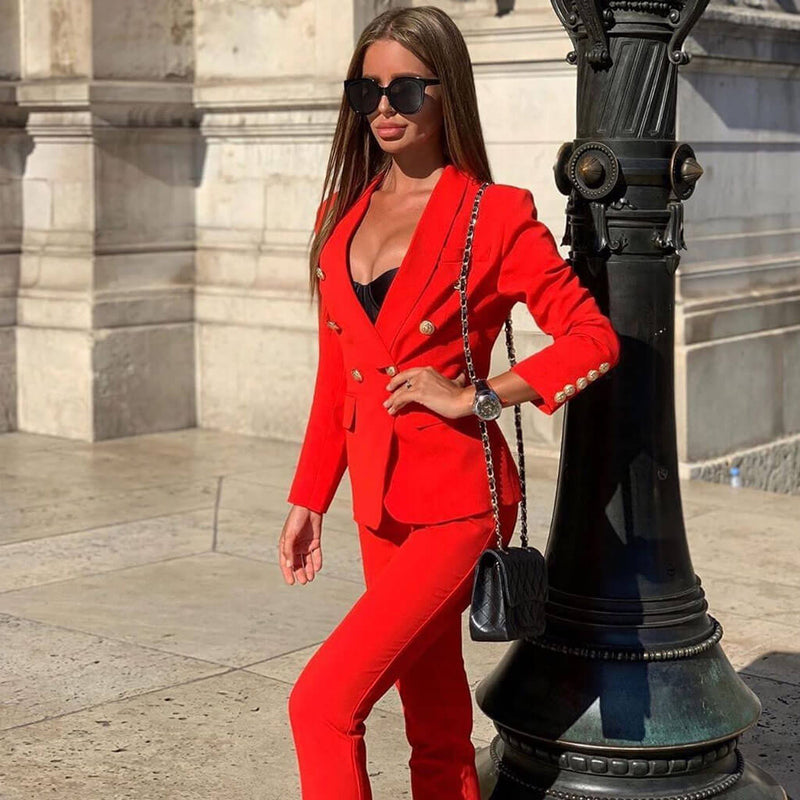 Solid High Waist Long Sleeve Button Front Blazer Matching Set - Red