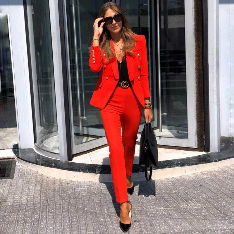 Solid High Waist Long Sleeve Button Front Blazer Matching Set - Red