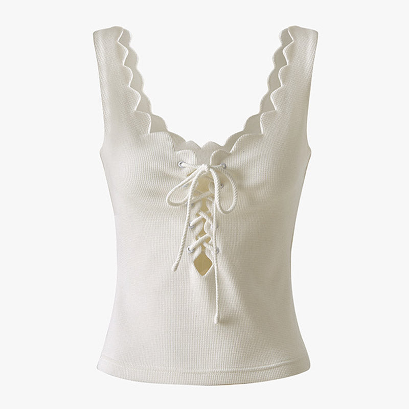 Solid Scalloped Tie Front Cutout Tank Top - White