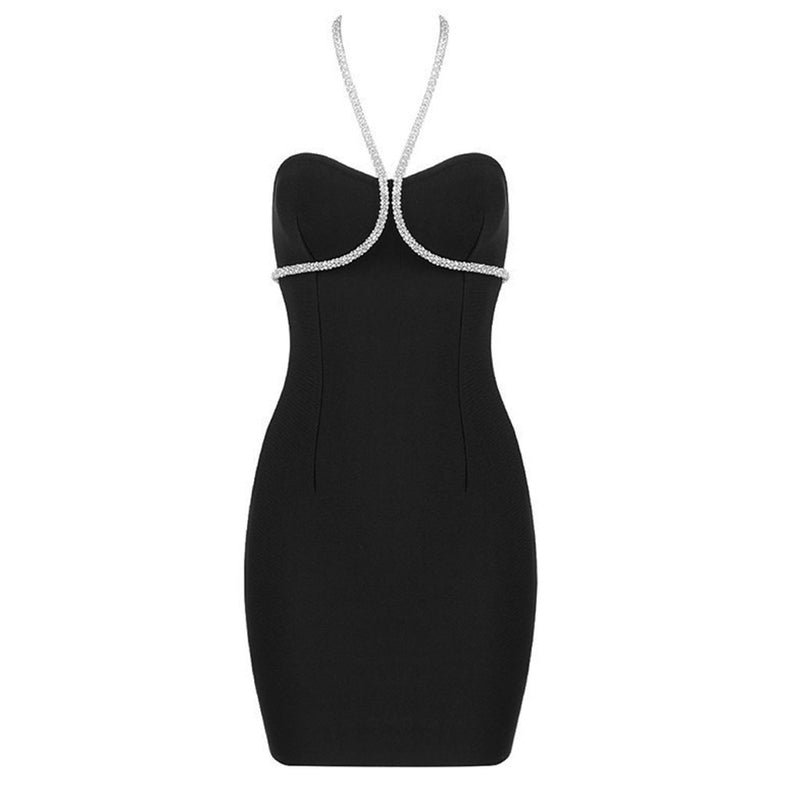 Sparkly Crystal Rope Embellished Halter Neck Mini Bandage Dress - Black