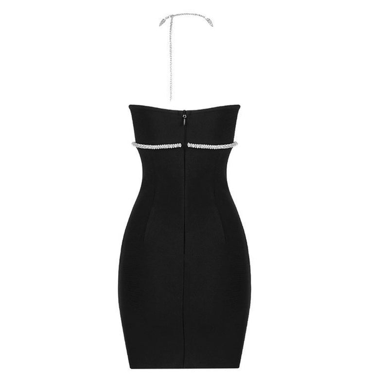 Sparkly Crystal Rope Embellished Halter Neck Mini Bandage Dress - Black