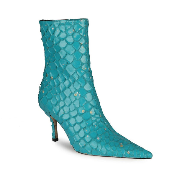 Sparkly Diamante Effect Mermaid Scale Pointed Heeled Ankle Boots - Teal