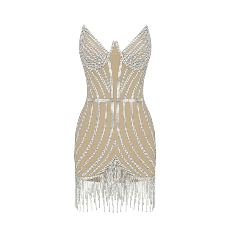 Sparkly Embellished Off Shoulder Fringe Cocktail Mini Dress - Beige