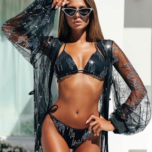 Sparkly Embellished Strappy Sliding Triangle Bikini Set - Black