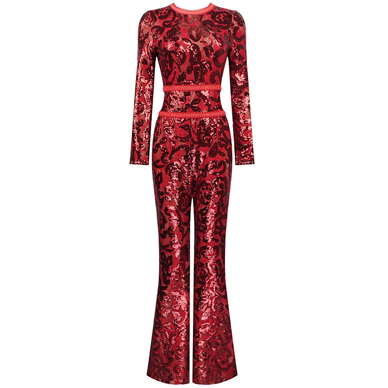 Sparkly Lace Embellished Long Sleeve Flare Sequin Bandage Jumpsuit - Red