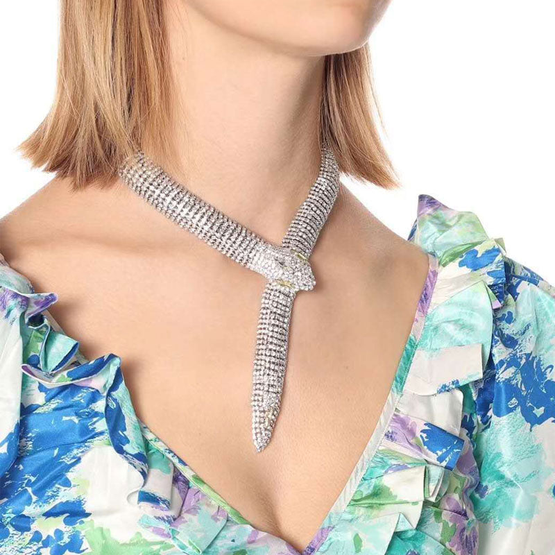 Sparkly Plated Crystal Embellished Snake Shape Necklace - Silver