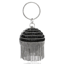 Sparkly Rhinestone Beaded Fringe Round Evening Clutch Bag - Black