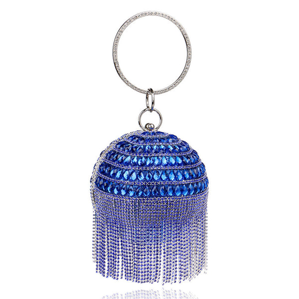 Sparkly Rhinestone Beaded Fringe Round Evening Clutch Bag - Blue