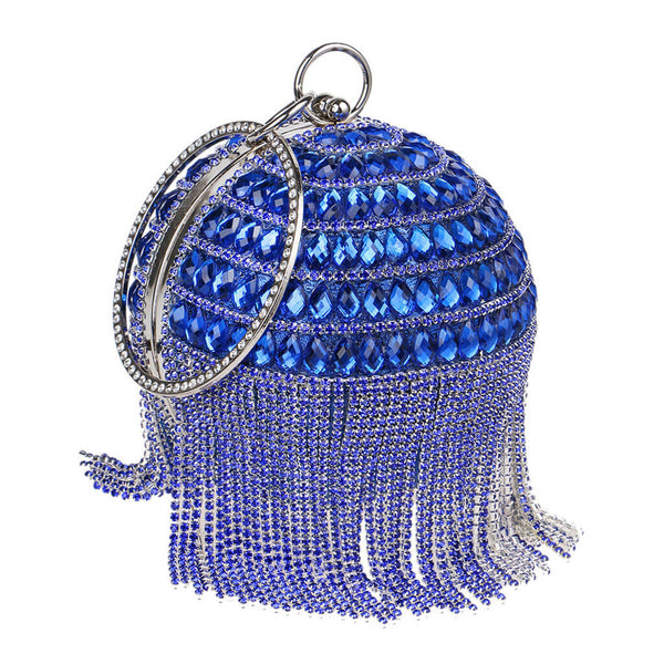 Sparkly Rhinestone Beaded Fringe Round Evening Clutch Bag - Blue