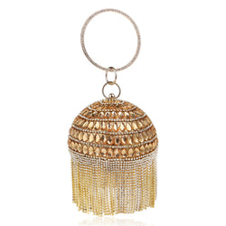 Sparkly Rhinestone Beaded Fringe Round Evening Clutch Bag - Gold