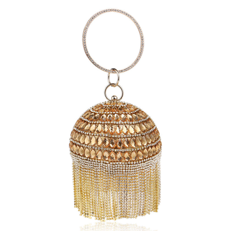 Sparkly Rhinestone Beaded Fringe Round Evening Clutch Bag - Gold