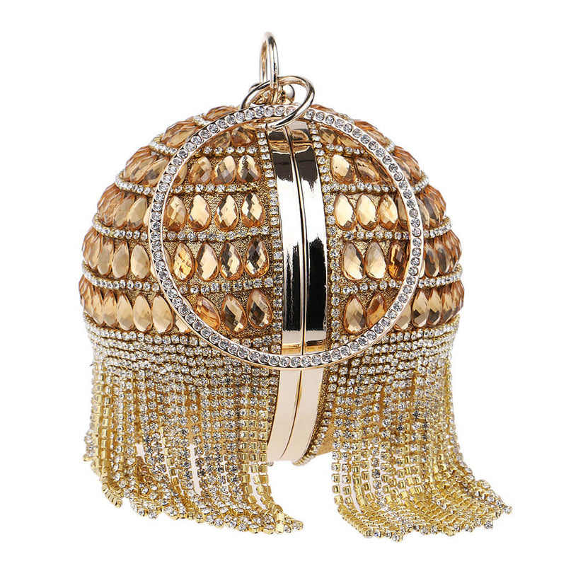 Sparkly Rhinestone Beaded Fringe Round Evening Clutch Bag - Gold