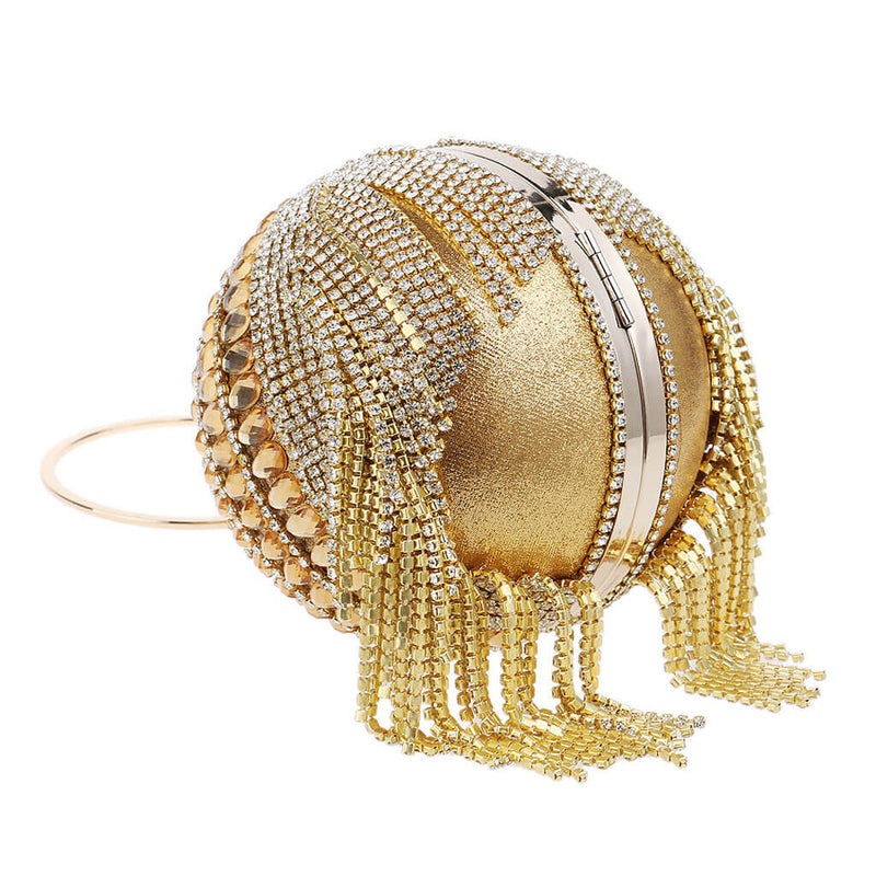 Sparkly Rhinestone Beaded Fringe Round Evening Clutch Bag - Gold