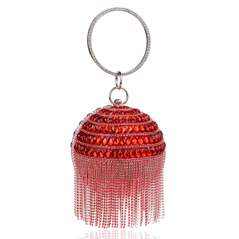 Sparkly Rhinestone Beaded Fringe Round Evening Clutch Bag - Red