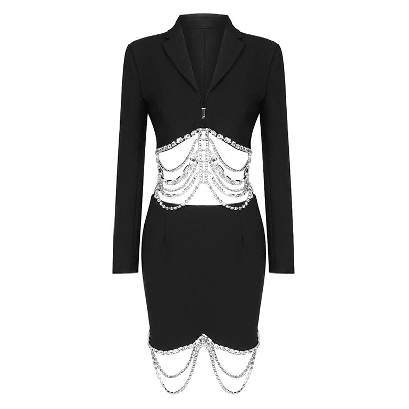 Sparkly Rhinestone Chain High Waist Deep V Blazer Matching Set - Black