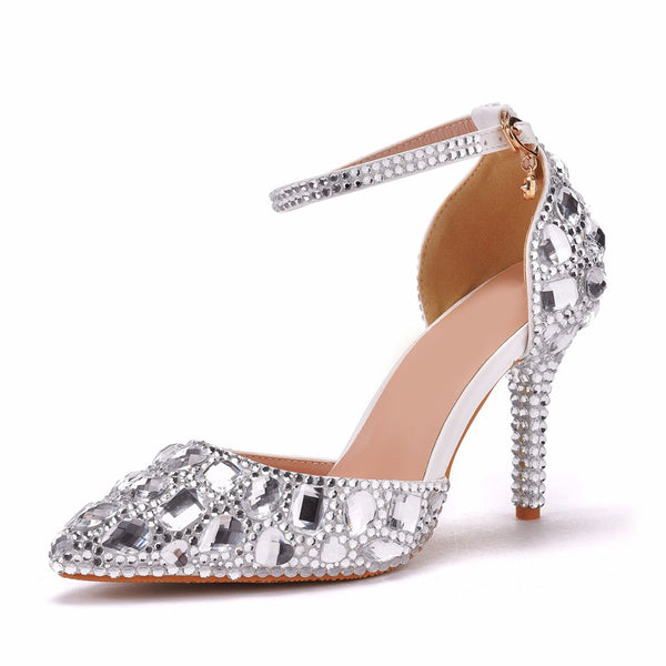 Sparkly Rhinestone Embellished Ankle Strap Stiletto Pumps - White