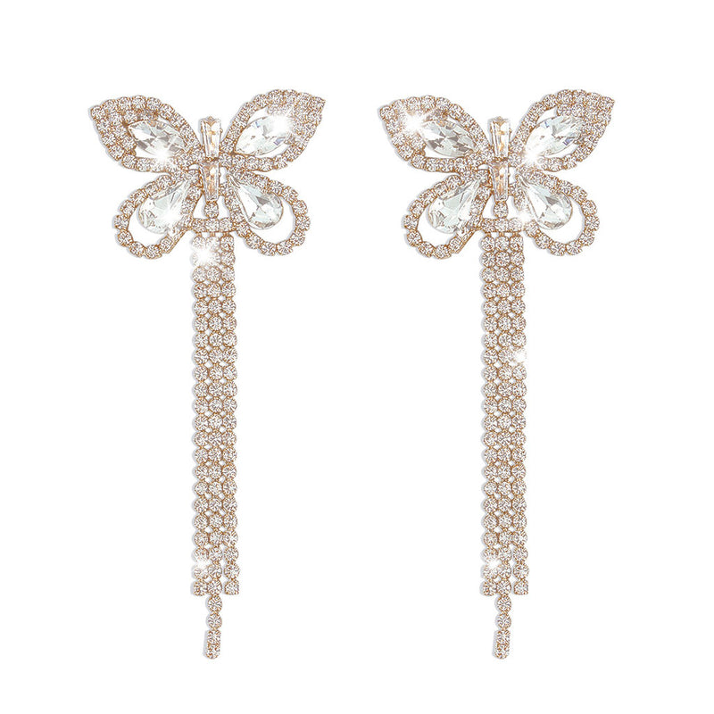 Sparkly Rhinestone Embellished Butterfly Tassel Earrings - Gold