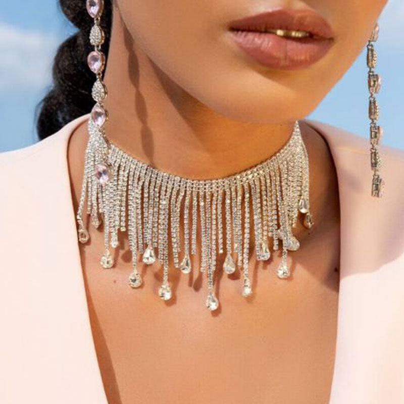 Sparkly Rhinestone Embellished Waterfall Fringe Choker Necklace - Silver