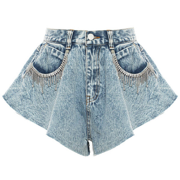 Sparkly Rhinestone Fringe High Waist Ruffle Wide Leg Denim Shorts