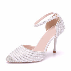 Sparkly Rhinestone Pearlized Ankle Strap Stiletto Pumps - Silver