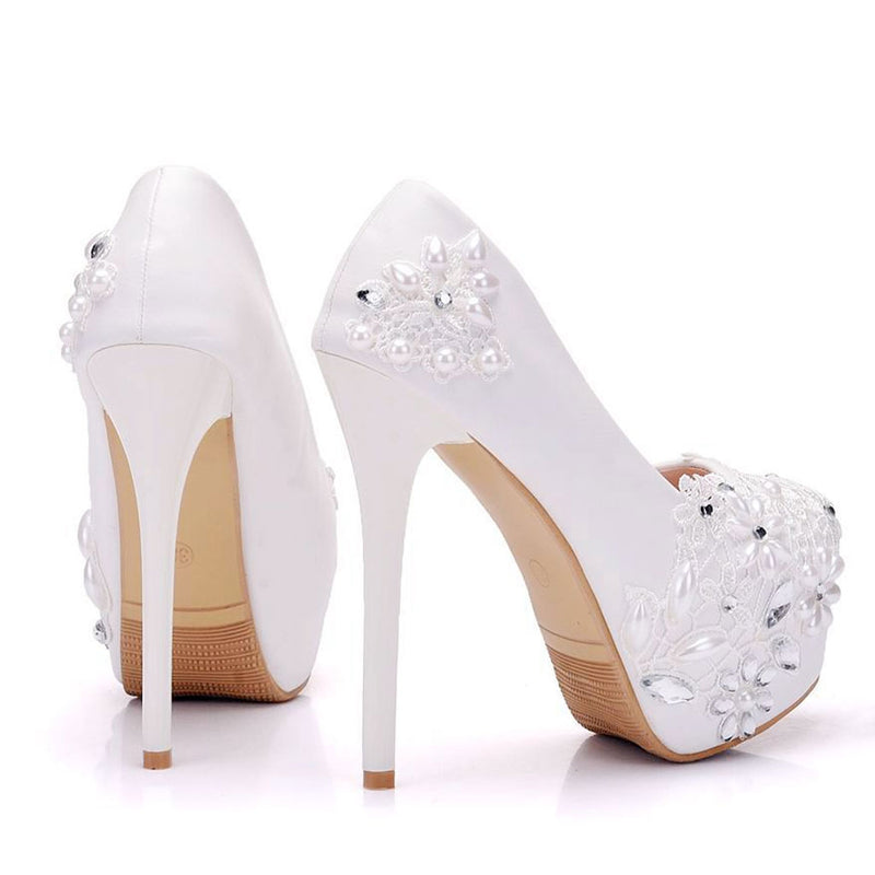 Sparkly Rhinestone Petal Embellished High Heel Platform Pumps - White