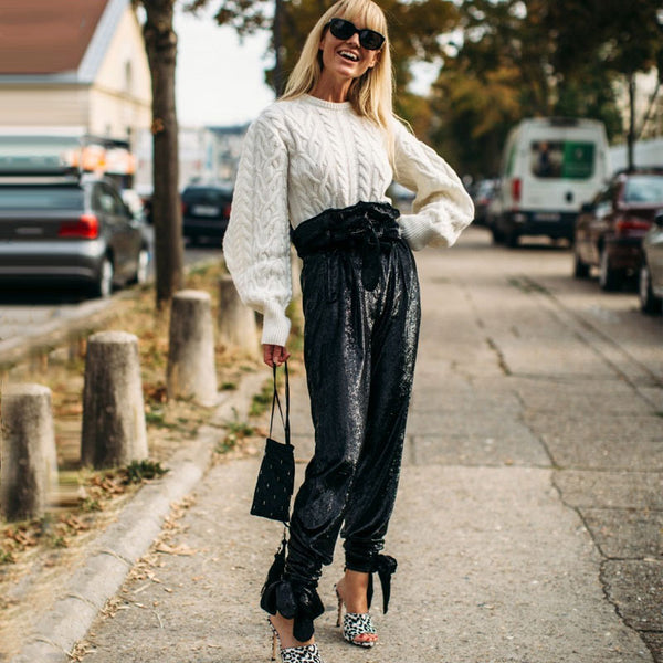 Sparkly Sequin Belted High Waist Ankle Tie Pants - Black