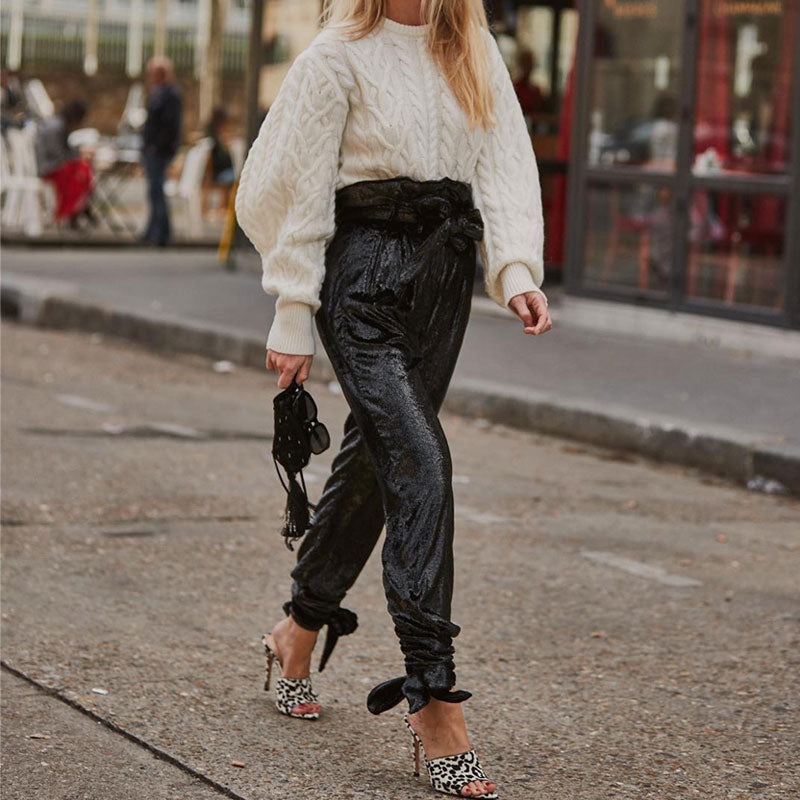 Sparkly Sequin Belted High Waist Ankle Tie Pants - Black