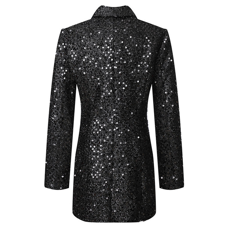 Sparkly Sequin Embellished Double Breast Blazer Jacket - Black