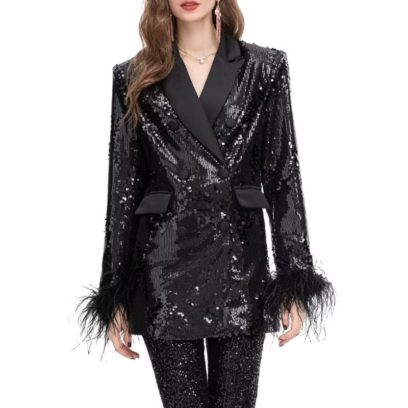 Sparkly Sequin Embellished Feather Cuff Double Breasted Long Tailored Blazer - Black