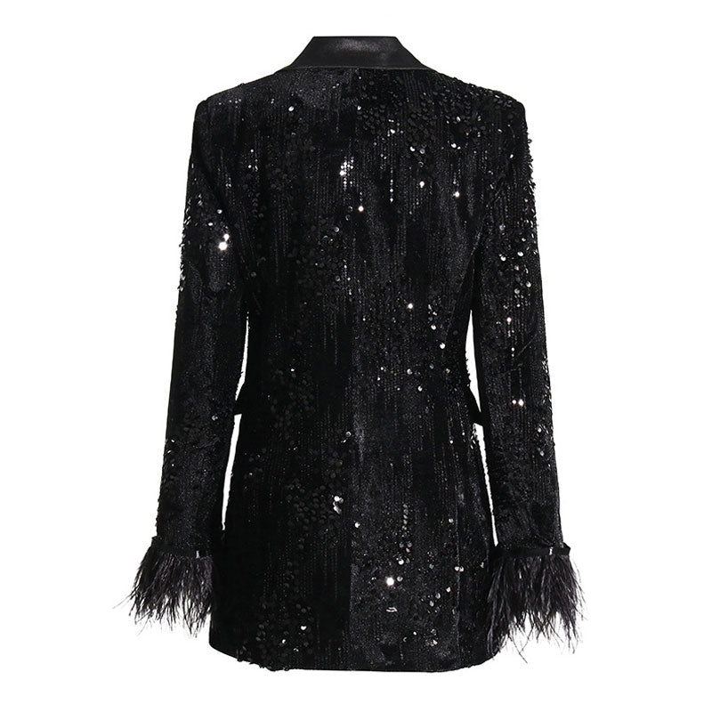 Sparkly Sequin Embellished Feather Cuff Double Breasted Long Tailored Blazer - Black