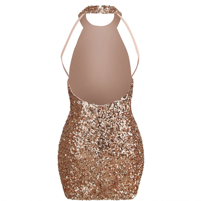 Sparkly Sequin Halter Neck Backless Bodycon Mini Dress - Champagne