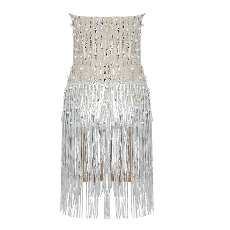 Sparkly Strapless Beaded Rhinestone Fringe Mini Dress - Beige