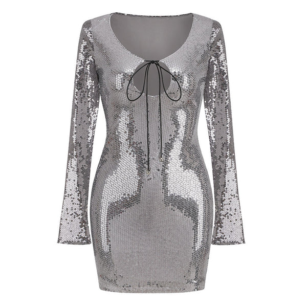 Sparkly Tie Front Keyhole Round Neck Shoulder Pad Split Long Sleeve Mini Sequin Dress