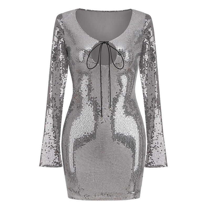 Sparkly Tie Front Keyhole Round Neck Shoulder Pad Split Long Sleeve Mini Sequin Dress