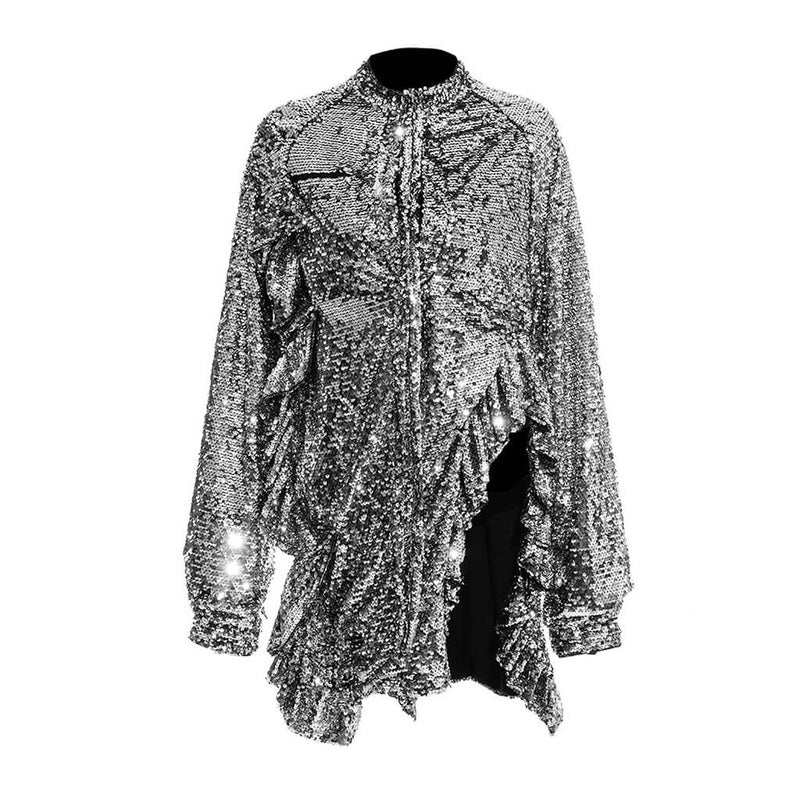 Sparkly Tie Neck High Neck Half Button Ruffle Split Side Longline Sequin Blouse