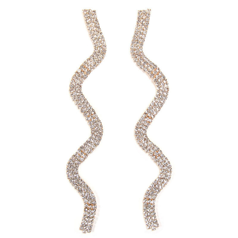 Sparkly Wavy Linear Rhinestone Embellished Long Drop Earrings - Silver