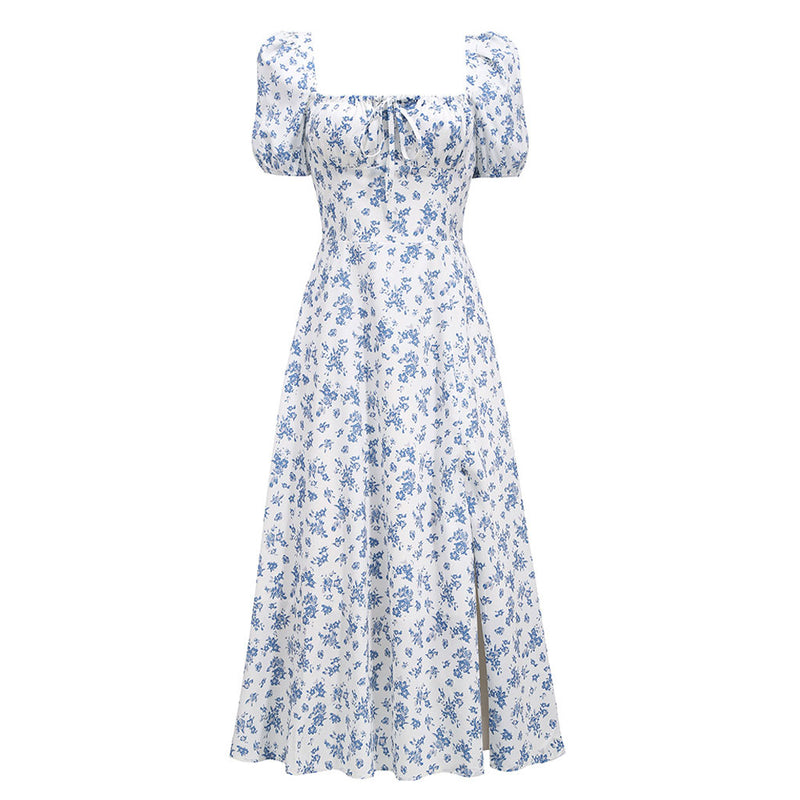 Square Neck Tie Front High Slit Puff Sleeve Midi Floral Dress - Blue