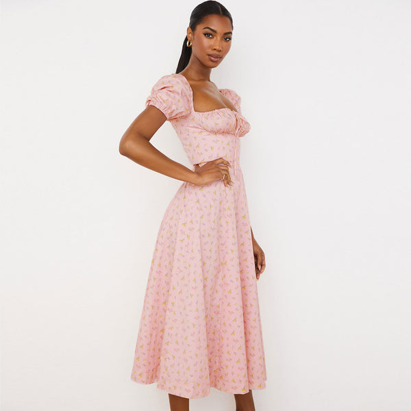 Square Neck Tie Front High Slit Puff Sleeve Midi Floral Dress - Pink