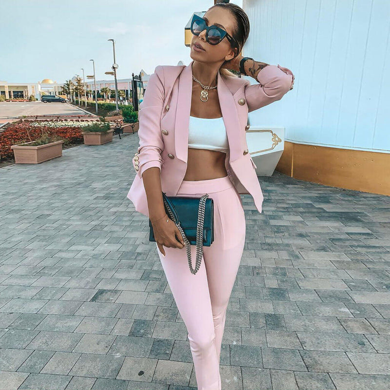 Straight Leg Double Breasted Sleeved Blazer Matching Set - Pink